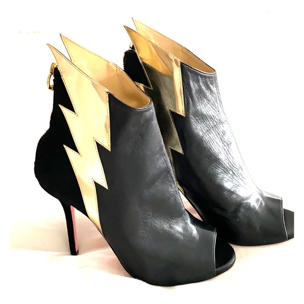 JF London Peep Toe Leather and Suede Bootie